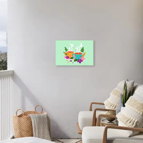 Thee - Illustratie - Kopjes - Bloemen Tuinposter op houten frame 2 cm dik klein -sfeer1