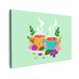 Thee - Illustratie - Kopjes - Bloemen Tuinposter op houten frame 2 cm dik klein -3d