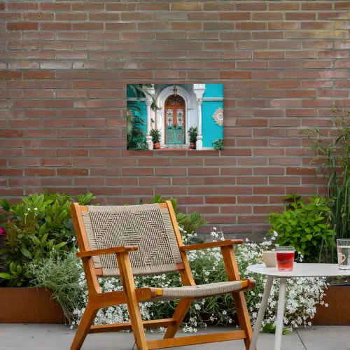 Zuilen - Sierlijke - Deur - Blauw Tuinposter op houten frame 2 cm dik klein -sfeer3