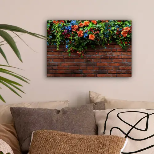Bloemen - Muur - Groen - Oranje canvas 2cm klein -sfeer1