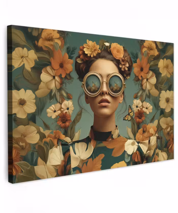 Canvas schilderij - Bloemenkrans - Vrouwengezicht - Zonnebril - Oranje