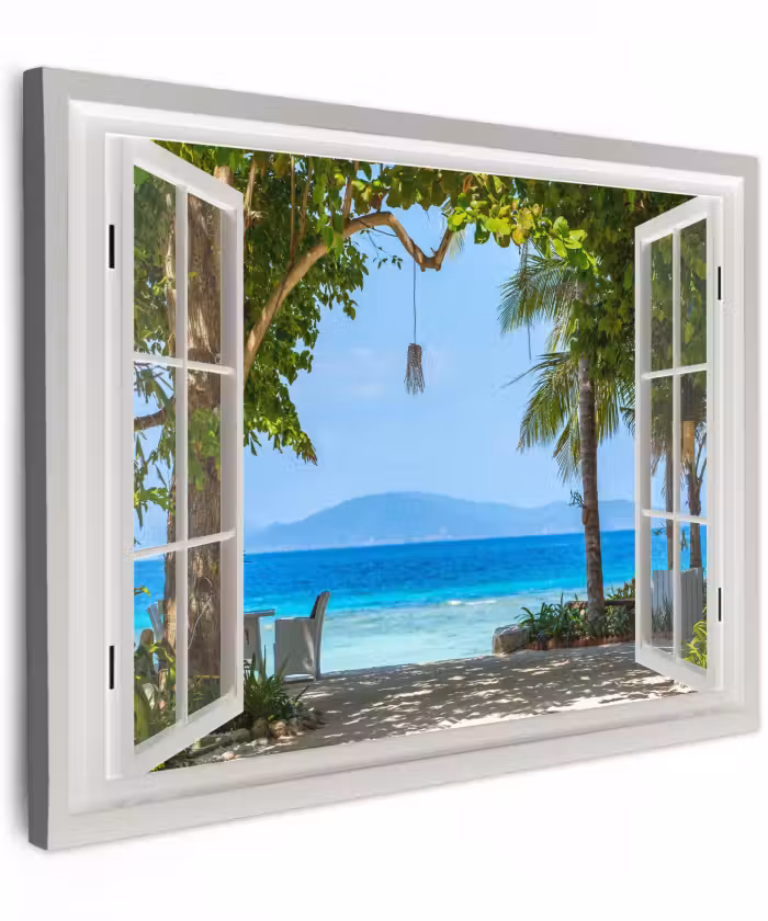 Canvas schilderij - Doorkijk - Boom - Zee - Palmboom - Heuvels - Strand - Blauw