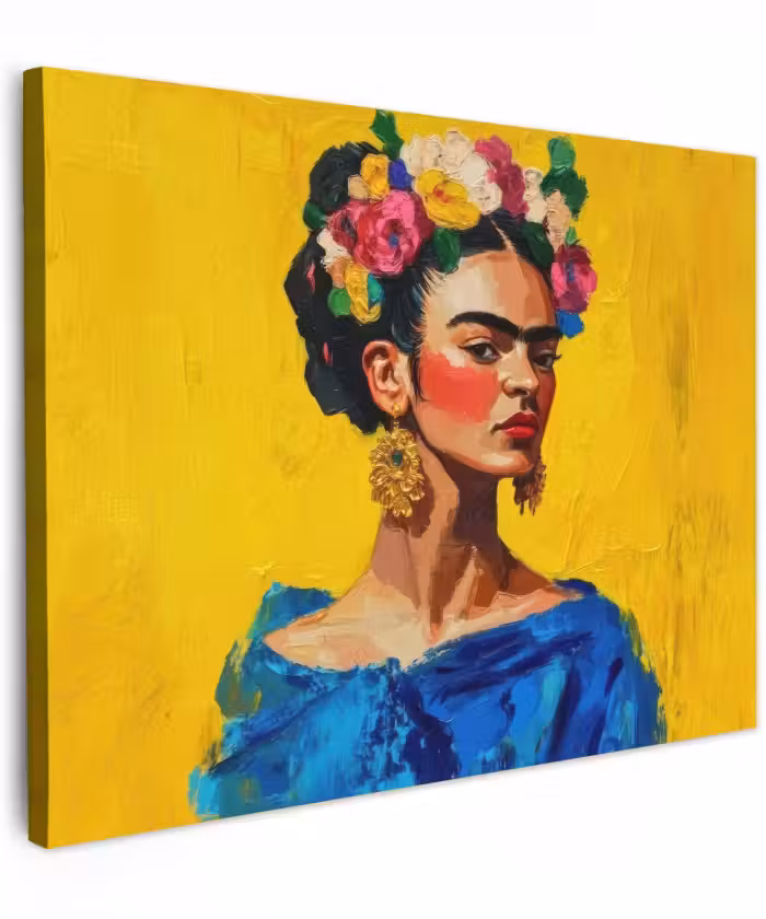 Canvas schilderij - Frida Kahlo - Vrouw - Geel - Blauw - Bloemen