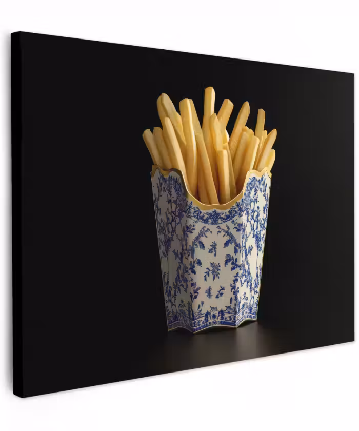 Canvas schilderij - Friet - Porselein - Delfts blauw - Eten