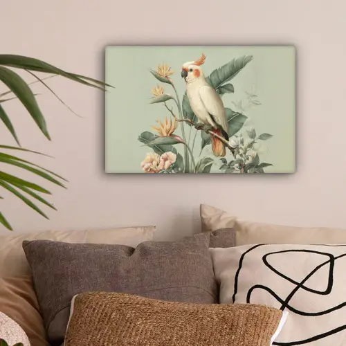 Gele kuifkaketoe - paradijsvogelbloemen - Groen canvas 2cm klein -sfeer1