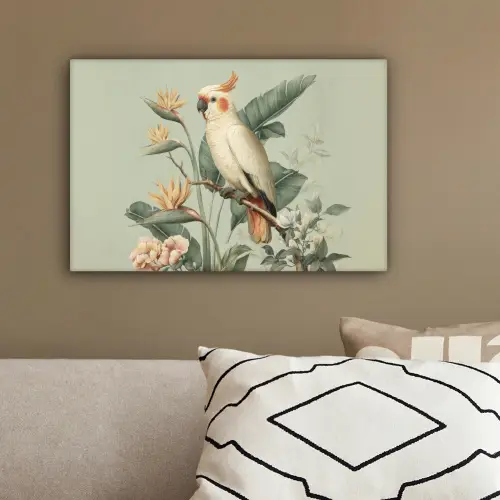 Gele kuifkaketoe - paradijsvogelbloemen - Groen canvas 2cm klein -sfeer3