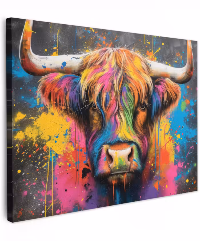 Canvas schilderij - Graffiti - Schotse hooglander - Koe - Kleurrijk
