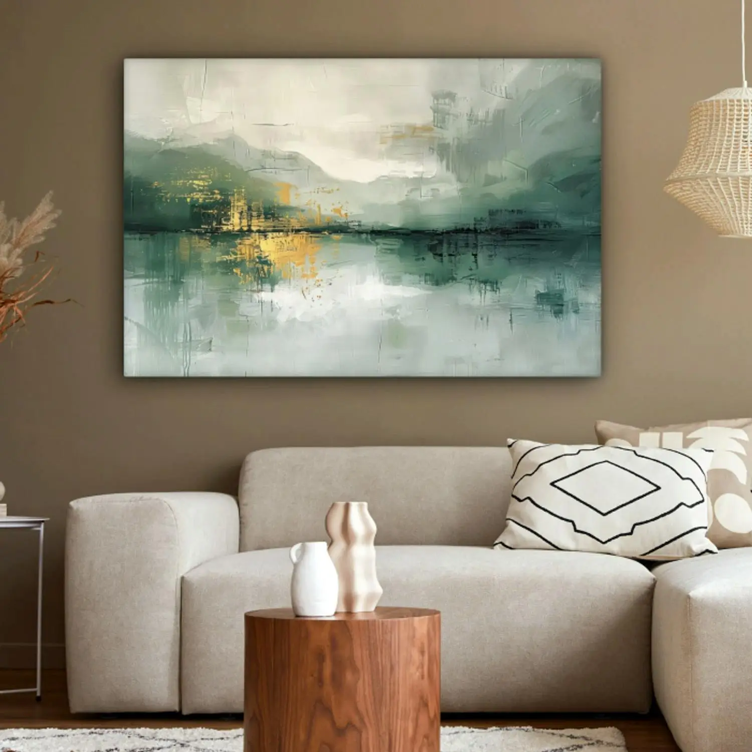 Canvas schilderij in een abstracte stijl met groen en goud