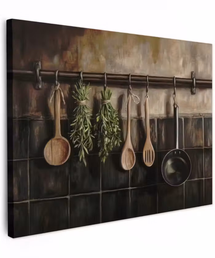 Canvas schilderij - Keukengerei - Rustiek - Tegels - Kruiden