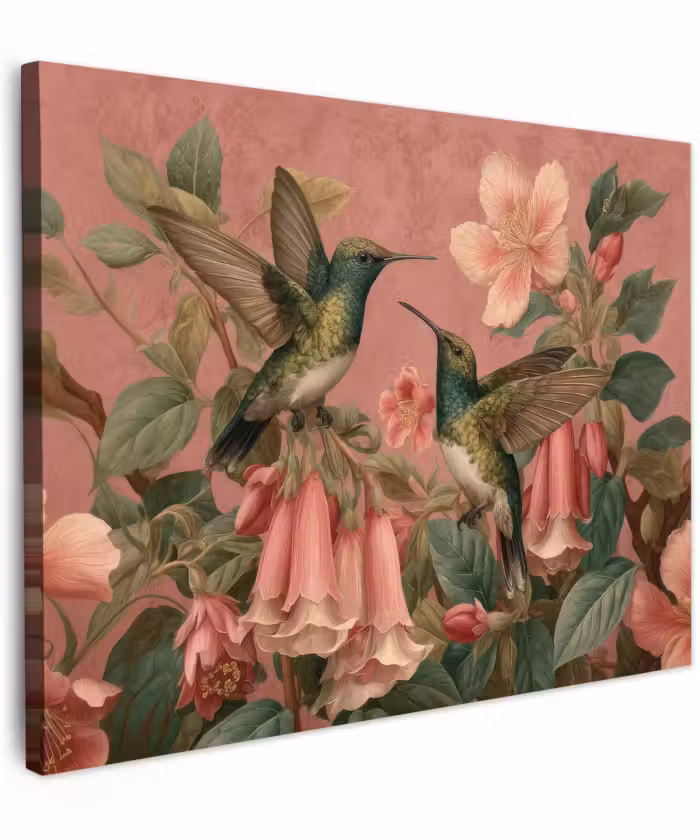 Canvas schilderij - Kolibries - Bloemen - Groen - Roze