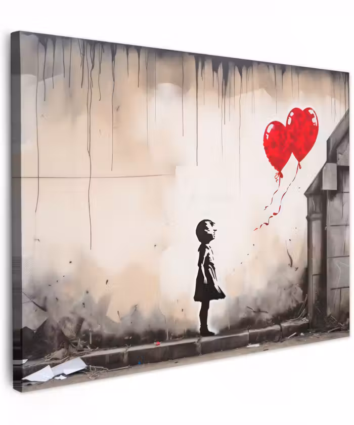 Canvas schilderij - Kunst - Meisje - Ballonnen - Hart - Grijs