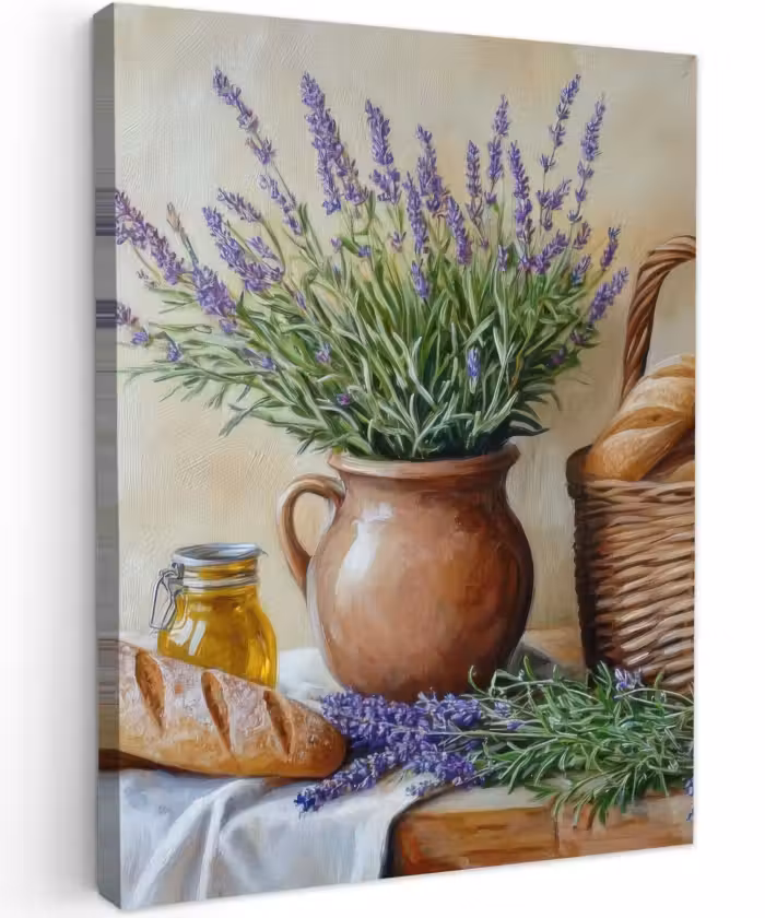 Canvas schilderij - Lavendel - Brood - Stilleven