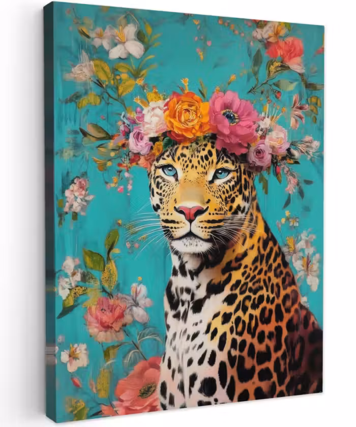 Canvas schilderij - Luipaard - Bloemen - Kroon