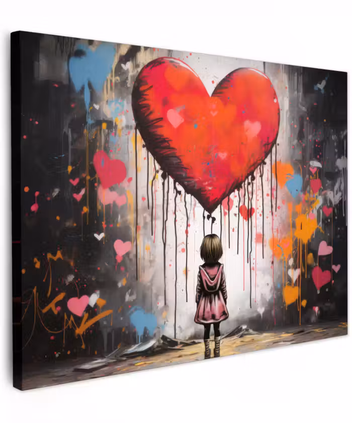 Canvas schilderij - Meisje - Hart - Graffiti - Kunst - Kleuren - Rood