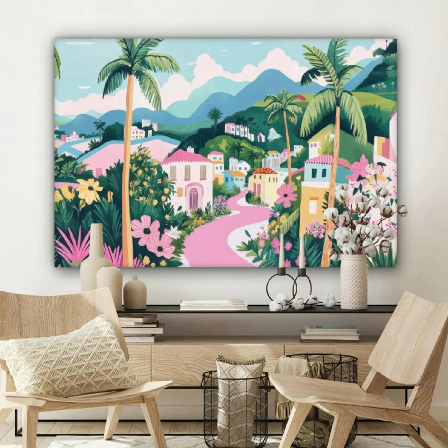 Canvas schilderij met een kleurrijke print van een dorpje in een vintage stijl.
