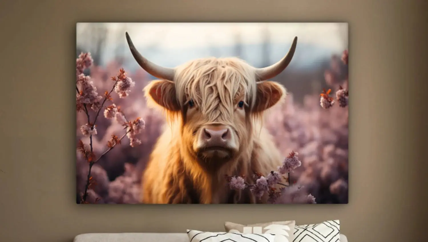 Canvas schilderij met een schotse hooglander tussen roze bloemen.
