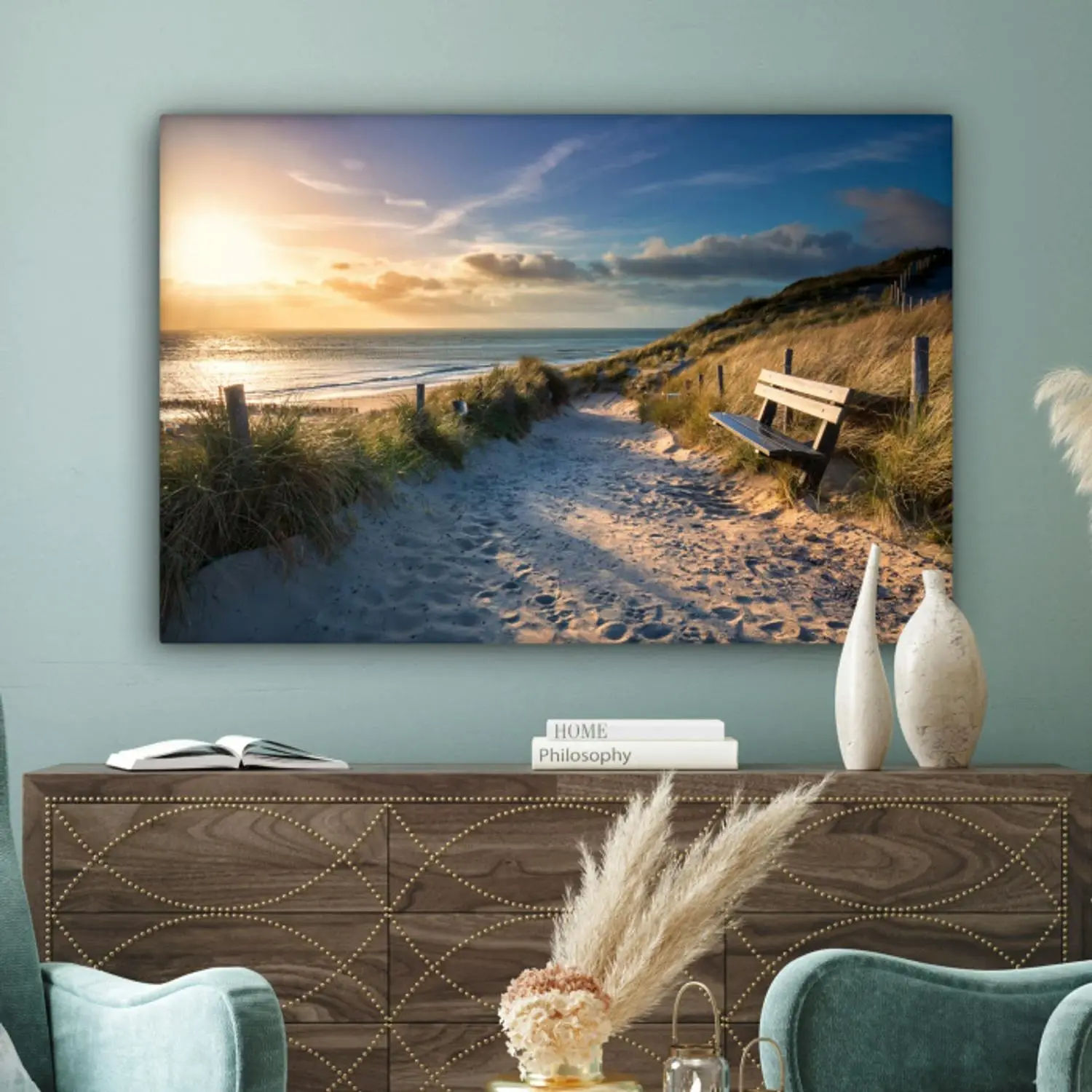 Canvas schilderij met een uitzicht op de duinen en de zee