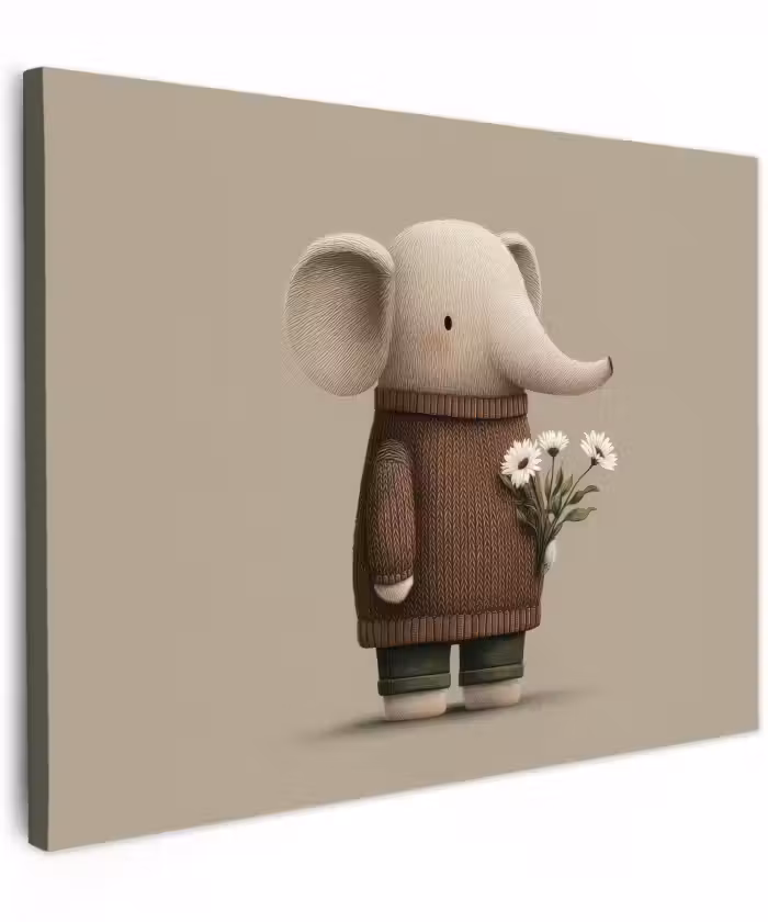 Canvas schilderij - Olifant - Witte bloemen - Kindvriendelijk