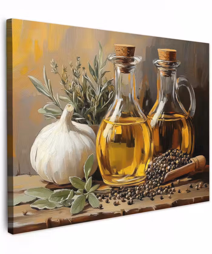 Canvas schilderij - Stilleven - Olijfolie - Knoflook - Kruiden