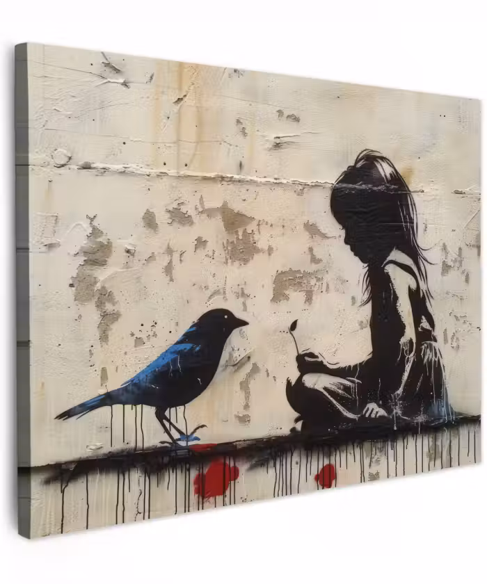 Canvas schilderij - Street art - Meisje - Vogel - Graffiti - Banksy
