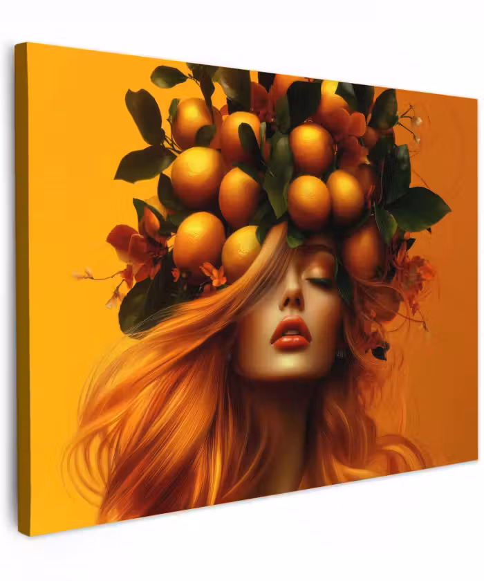 Canvas schilderij - Vrouw - Citroenen - Bloesem - Geel
