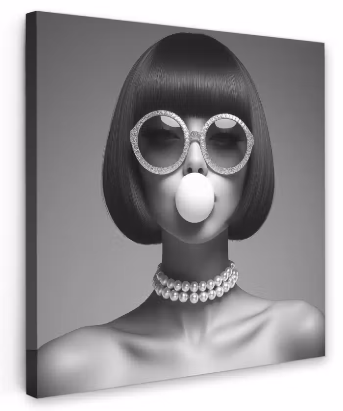 Canvas schilderij - Vrouw - Zwart Wit - Ketting - Zonnebril
