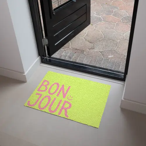 Groen - Smiley - Bonjour - Roze Deurmat klein -sfeer5