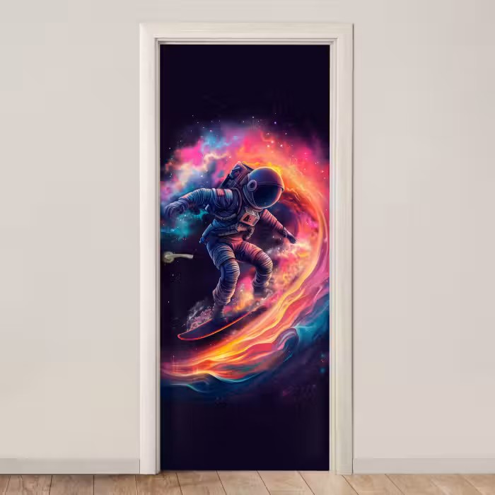 Deursticker - Astronaut - Ruimte - Surfen - Kleurrijk