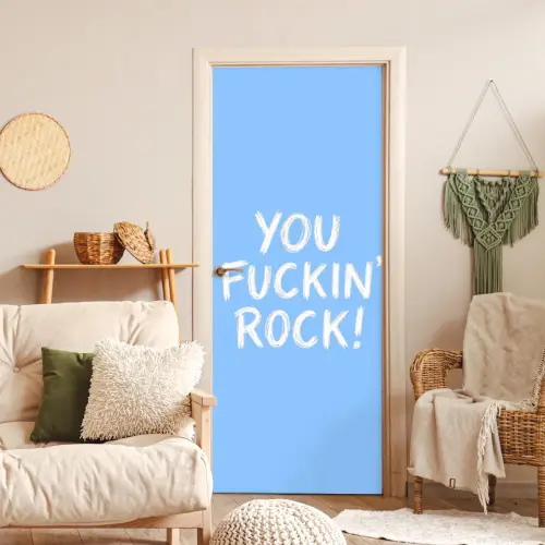 Blauw - Wit - You fuckin rock deurposter klein -sfeer2
