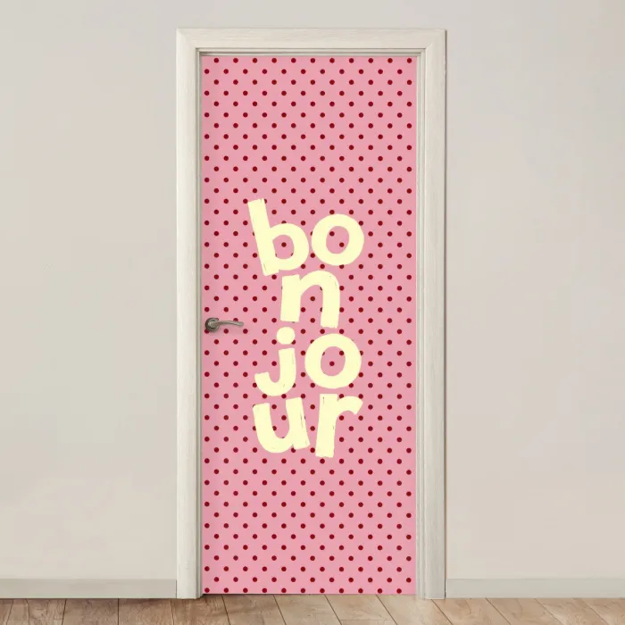 Bonjour - Stippen - Roze- Geel deurposter klein -3d_beige