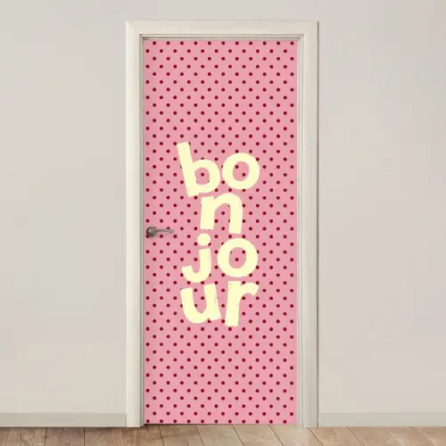 Bonjour - Stippen - Roze- Geel deurposter klein -3d_beige