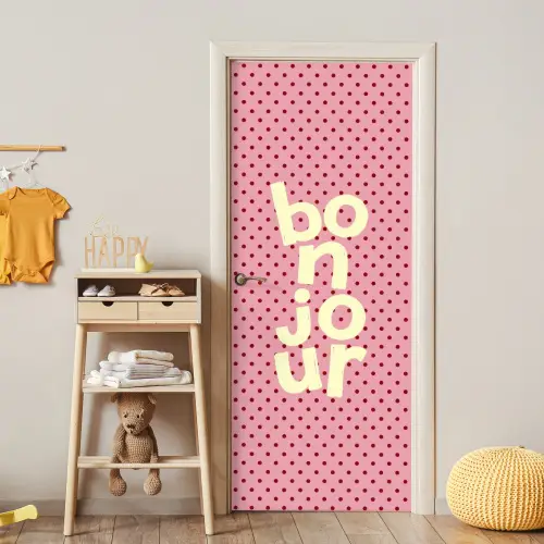 Bonjour - Stippen - Roze- Geel deurposter klein -sfeer4