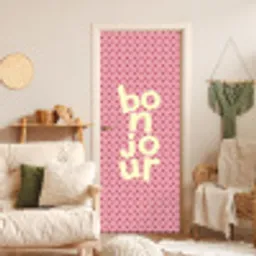 Bonjour - Stippen - Roze- Geel deurposter klein -sfeer2