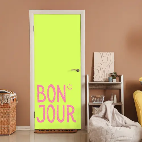 Groen - Smiley - Bonjour - Roze deurposter klein -sfeer1