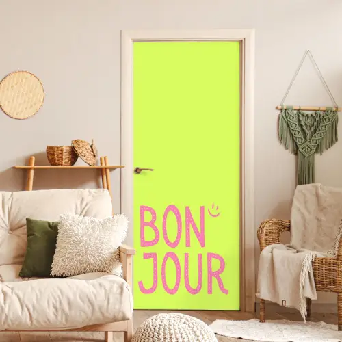 Groen - Smiley - Bonjour - Roze deurposter klein -sfeer2
