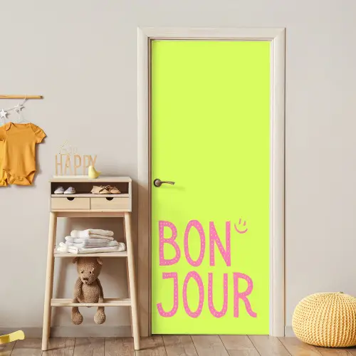 Groen - Smiley - Bonjour - Roze deurposter klein -sfeer4