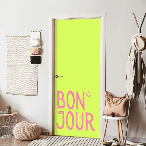 Groen - Smiley - Bonjour - Roze deurposter klein -sfeer6