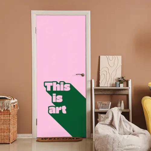 Groen - Teskt - This is art - Roze deurposter klein -sfeer1
