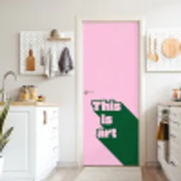 Groen - Teskt - This is art - Roze deurposter klein -sfeer5