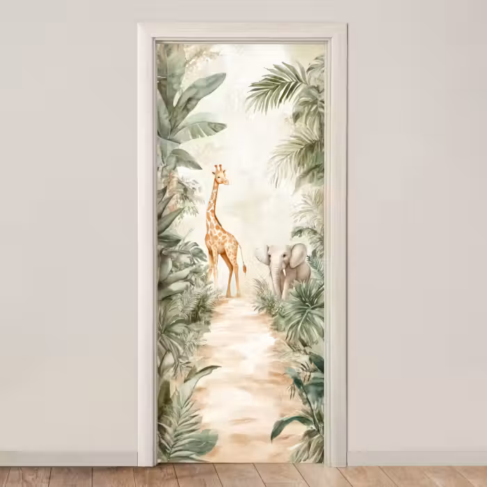 Deursticker - Jungle - Giraf - Olifant - Groen - Natuur