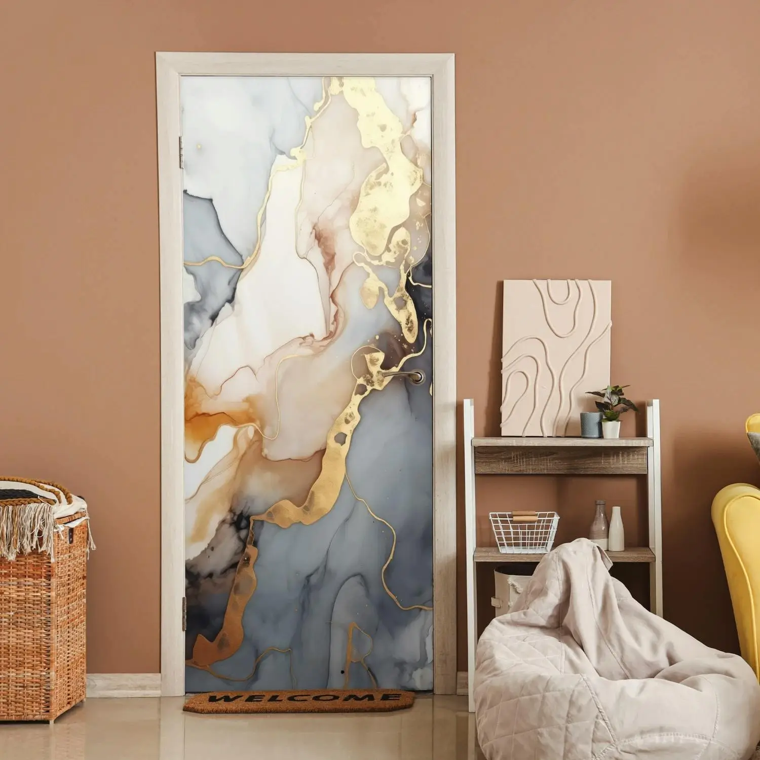 Deursticker - Marmer - Zwart - Goud - Wit