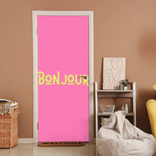Roze - Groene Bonjour - art-deco deurposter klein -sfeer1