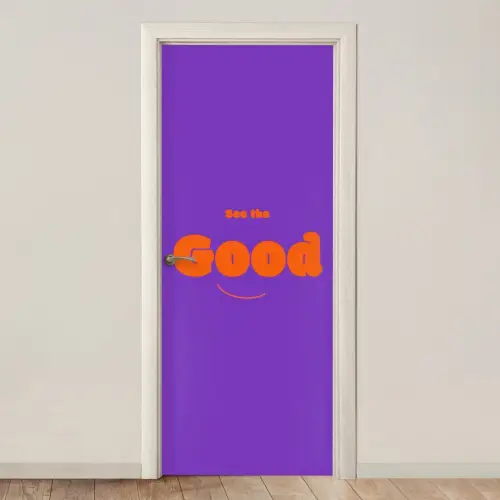 See the good - Oranje - Paars - Smiley deurposter klein -3d_beige