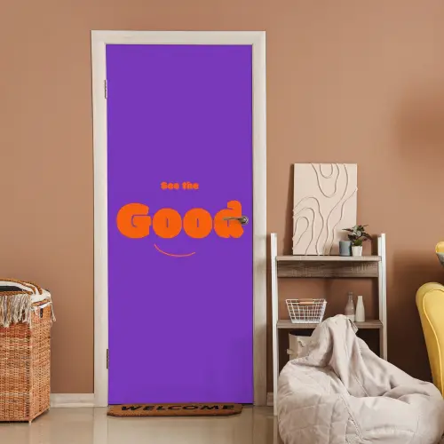See the good - Oranje - Paars - Smiley deurposter klein -sfeer1
