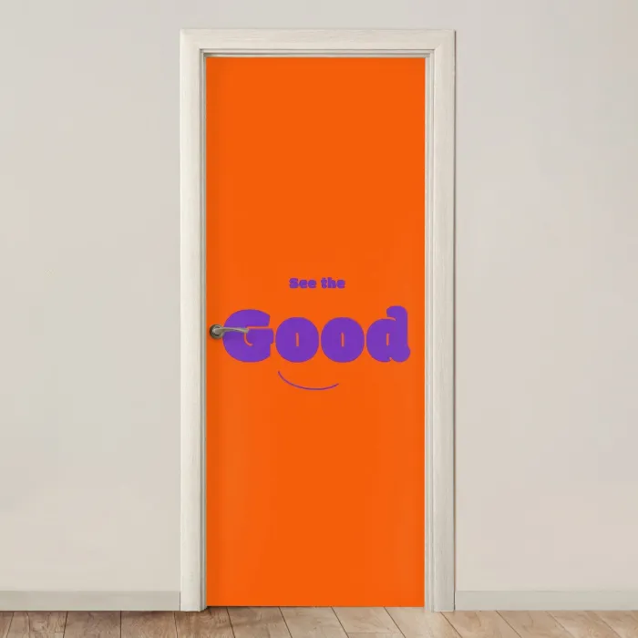See the good - Paars - Oranje - Smiley deurposter klein -3d_beige