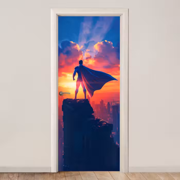 Deursticker - Superheld - Stad - Jongens - Kleurrijk - Zon