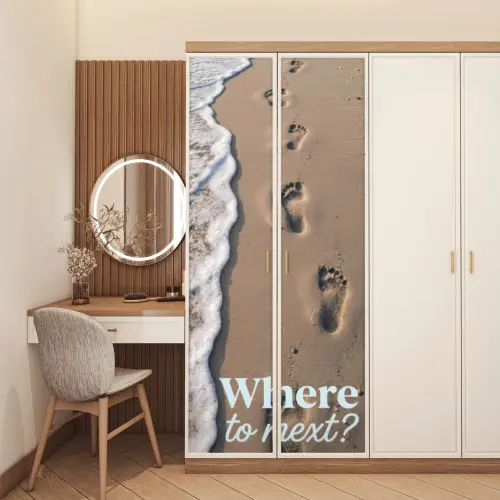 Where to next - Strand - Voetstappen deurposter klein -sfeer3
