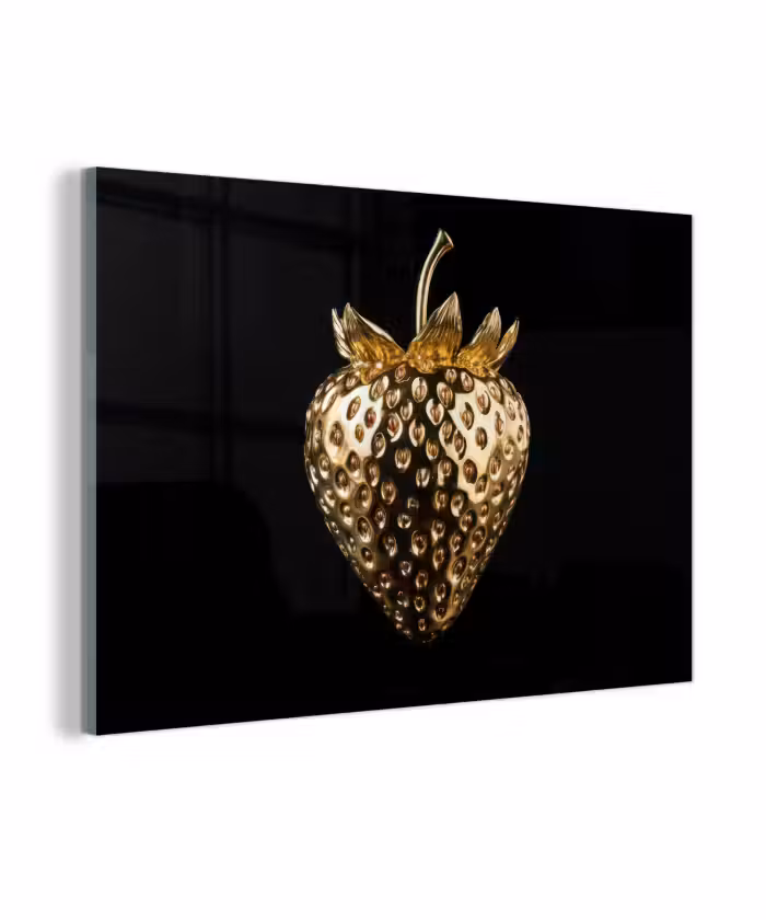 Glas schilderij - Aardbei - Goud - Zwart - Chrome