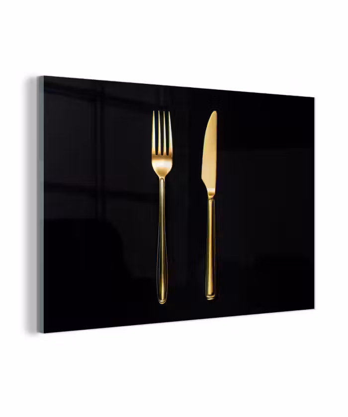 Glas schilderij - Bestek - Goud - Mes - Vork