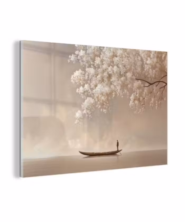 Glas schilderij - Bloesems - Wit - Boot - Minimalistisch